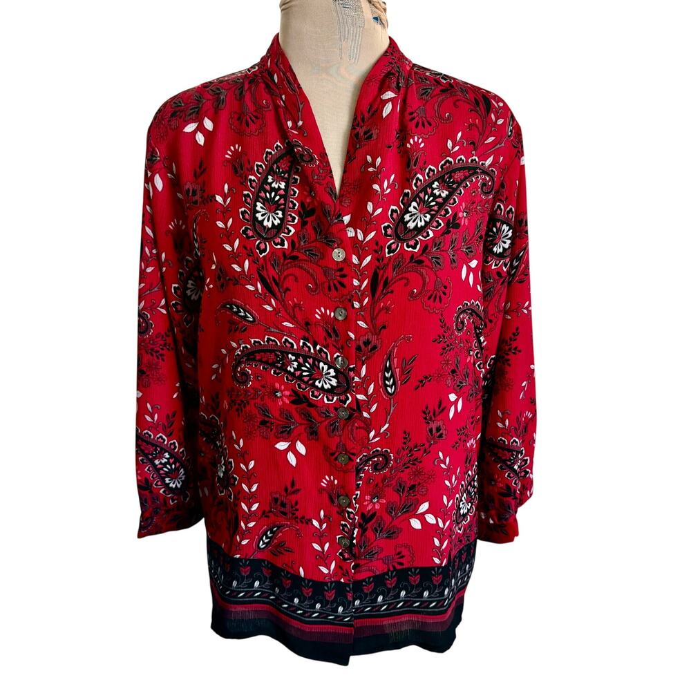 NWT Allison Daley Red Paisley Full Sleeve Boho Peasant Blouse Button Front